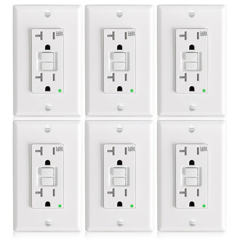 Amico 6 Pack GFCI Outlet 20 Amp with Thinner Design, Weather Resistant (WR), Self-Test GFI Receptacles with LED Indicator, Wall Plates and Screws Included, Indoor or Outdoor, ETL Listed, White - Image 1